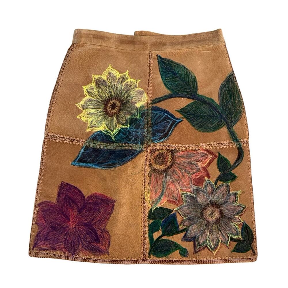 VTG Hand Painted Leather Patchwork Skirt Size 6 Floral Artwear Prairie Boho 90s